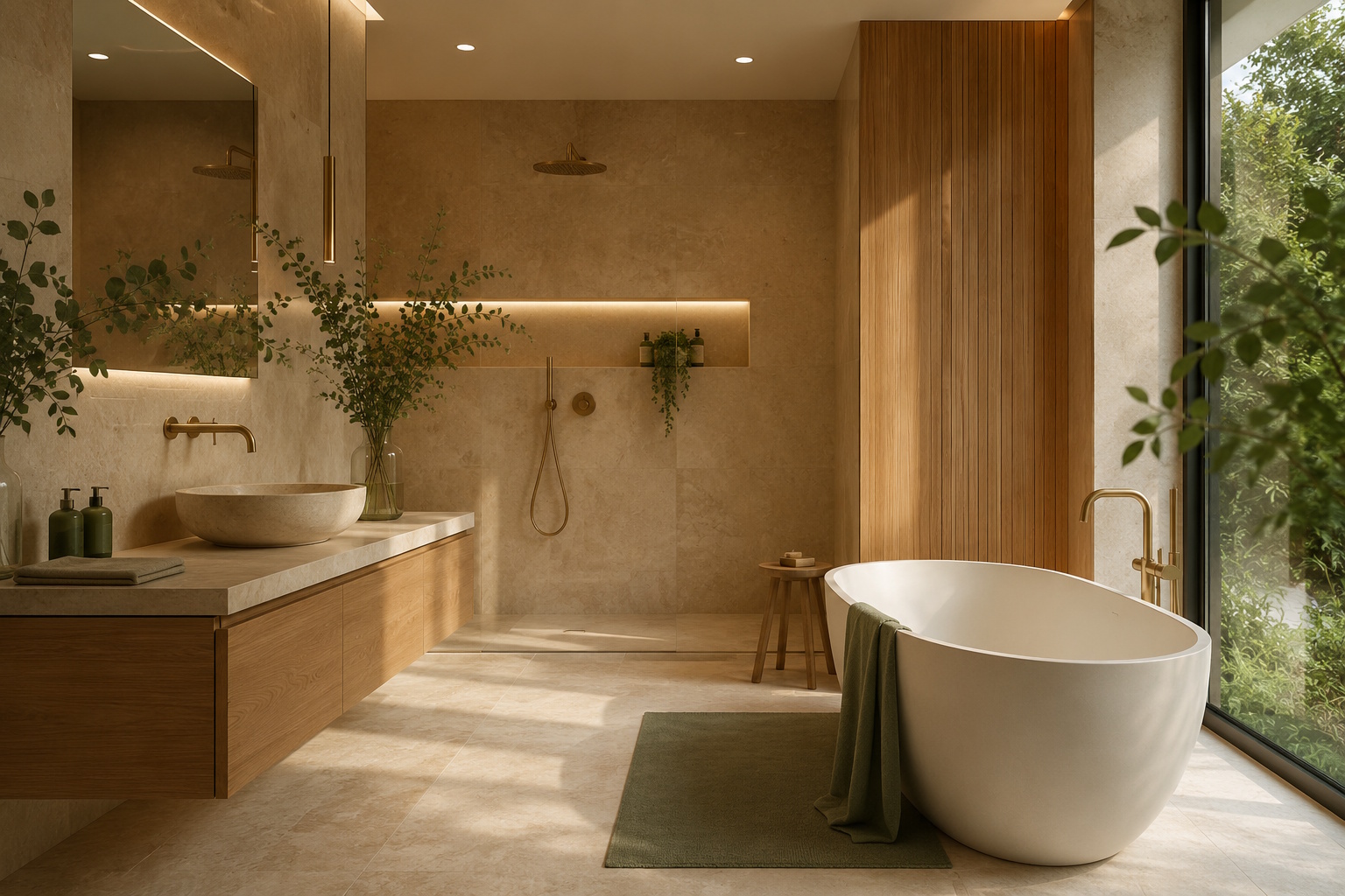 Hochwertiges modernes Badezimmer mit Naturstein und Eichenholz